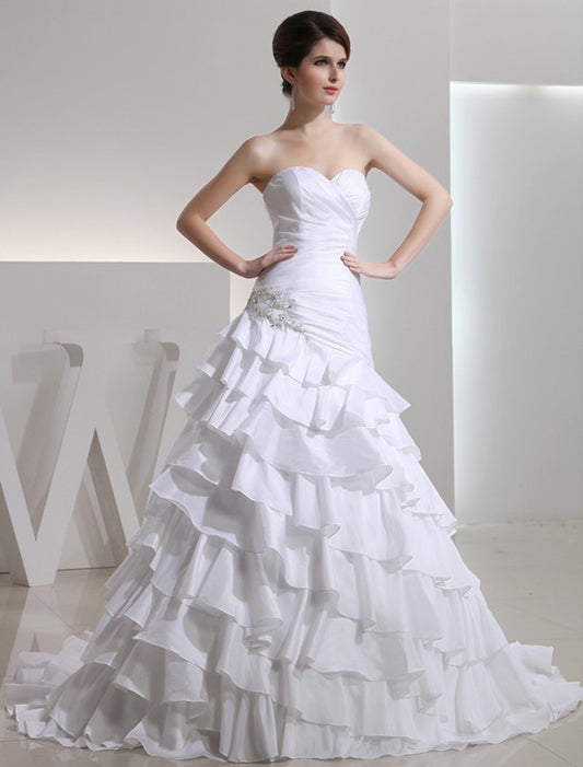 A-Line/Princess Beading Sweetheart Sleeveless Long Taffeta Wedding Dresses DFP0006975