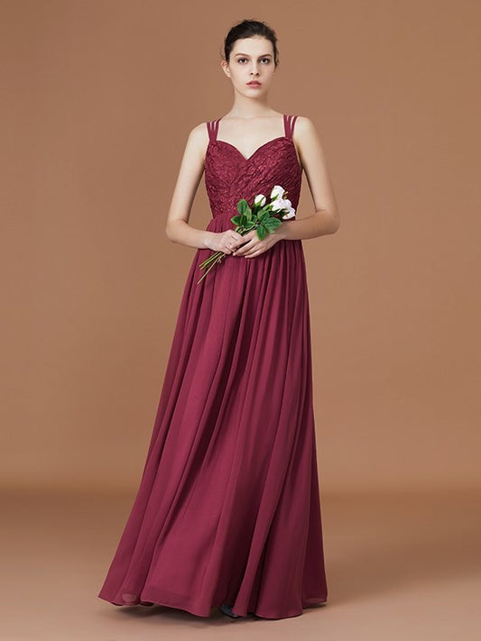 A-Line/Princess Lace Sweetheart Chiffon Ruched Floor-Length Bridesmaid Dresses DFP0005841