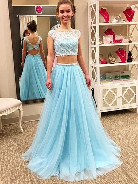 A-Line/Princess Scoop Sleeveless Floor-Length Beading Tulle Two Piece Dresses DFP0002634
