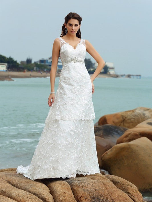 A-Line/Princess Straps Applique Sleeveless Long Satin Beach Wedding Dresses DFP0006835
