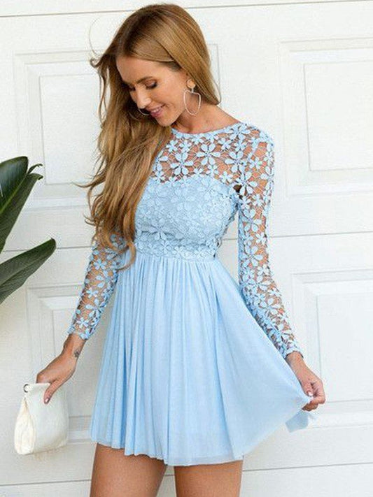 Homecoming Dresses A-Line/Princess Scoop Long Sleeves Lace Short/Mini Chiffon Dresses Jazlene