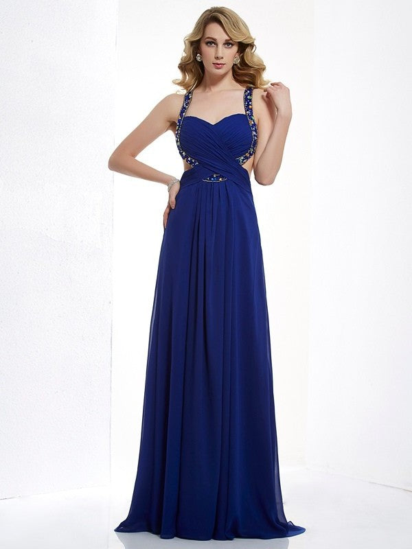 A-Line/Princess Halter Sleeveless Beading Long Chiffon Dresses DFP0003913