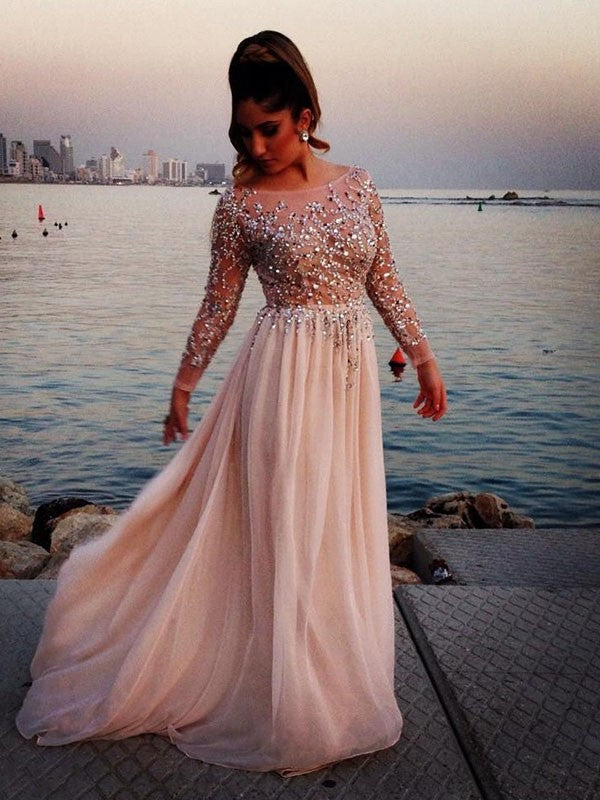 Long Sleeves A-line/Princess Bateau Beading Floor-length Chiffon Dress DFP0001876