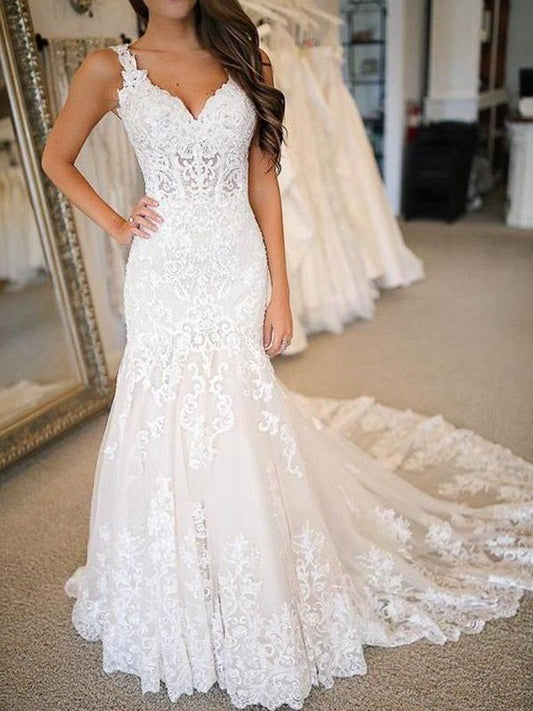 Trumpet/Mermaid Tulle Applique V-neck Sleeveless Sweep/Brush Train Wedding Dresses DFP0005894