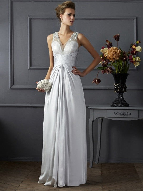 A-Line/Princess Straps Sleeveless Beading Long Silk like Satin Dresses DFP0002697