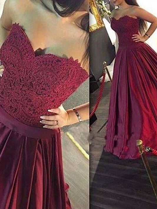 A-Line/Princess Sweetheart Sleeveless Lace Satin Floor-Length Dresses DFP0002169