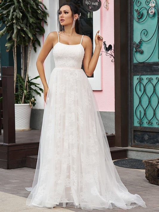 A-Line/Princess Lace Ruffles Spaghetti Straps Sleeveless Sweep/Brush Train Wedding Dresses DFP0006402