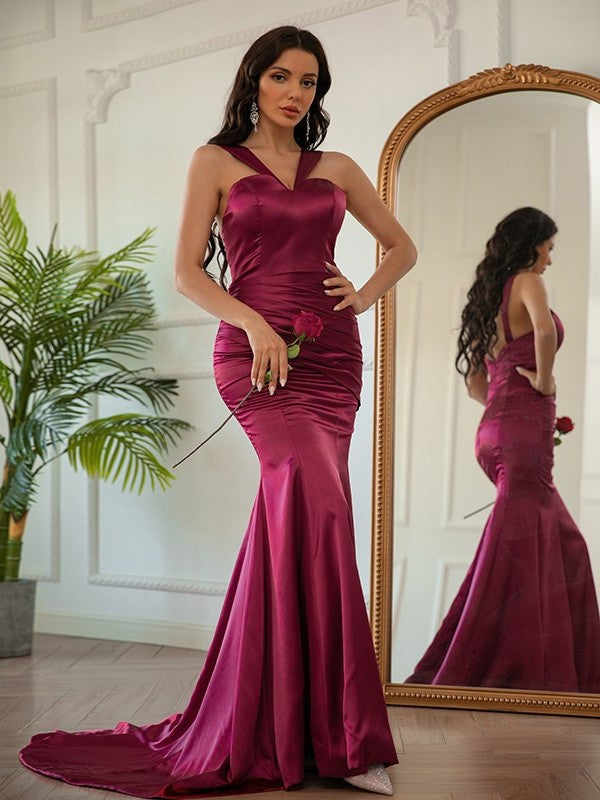 Sheath/Column Silk like Satin Ruched Halter Sleeveless Sweep/Brush Train Dresses DFP0001543