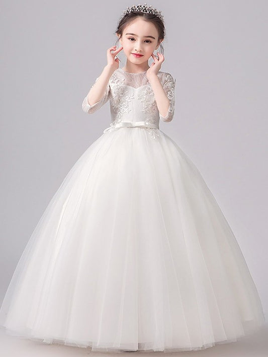 A-Line/Princess Lace Bowknot Scoop 3/4 Sleeves Floor-Length Flower Girl Dresses DFP0007506