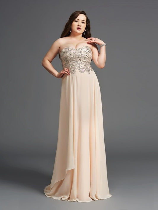 A-Line/Princess Sweetheart Rhinestone Sleeveless Long Chiffon Plus Size Dresses DFP0003705