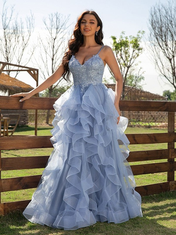 A-Line/Princess Tulle Applique V-neck Sleeveless Floor-Length Dresses DFP0001540