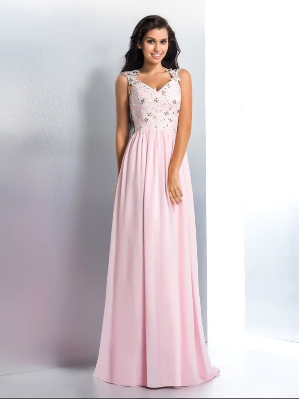 A-Line/Princess V-neck Applique Sleeveless Long Chiffon Dresses DFP0002658