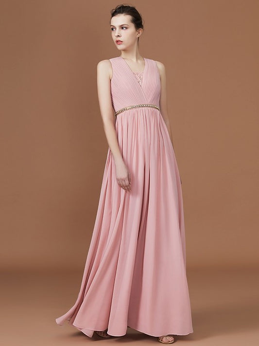 A-Line/Princess Lace Sleeveless Floor-Length Chiffon Ruched V-neck Bridesmaid Dresses DFP0005862