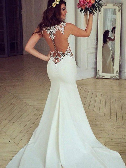 Trumpet/Mermaid Scoop Sleeveless Sweep/Brush Train Applique Lace Wedding Dresses DFP0005937