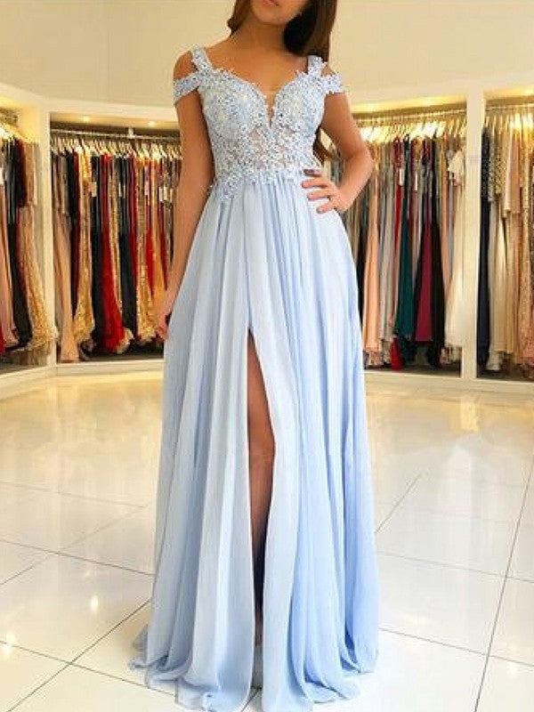 A-Line/Princess Sleeveless Off-the-Shoulder Floor-Length Applique Chiffon Dresses DFP0001578