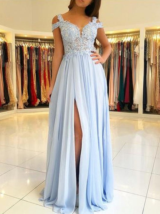 A-Line/Princess Sleeveless Off-the-Shoulder Floor-Length Applique Chiffon Dresses DFP0001578