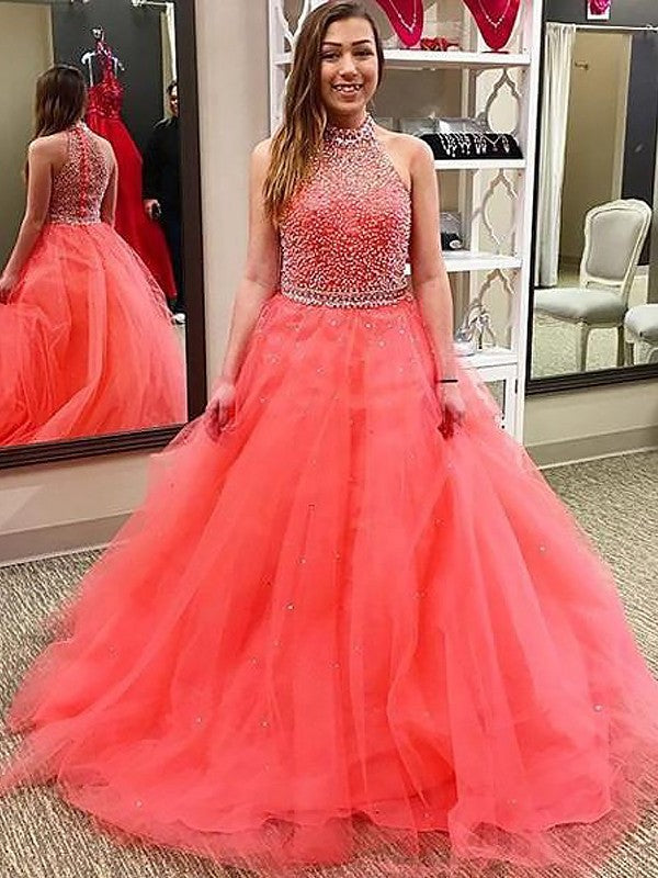 Ball Gown Sleeveless Halter Beading Floor-Length Tulle Dresses DFP0002357