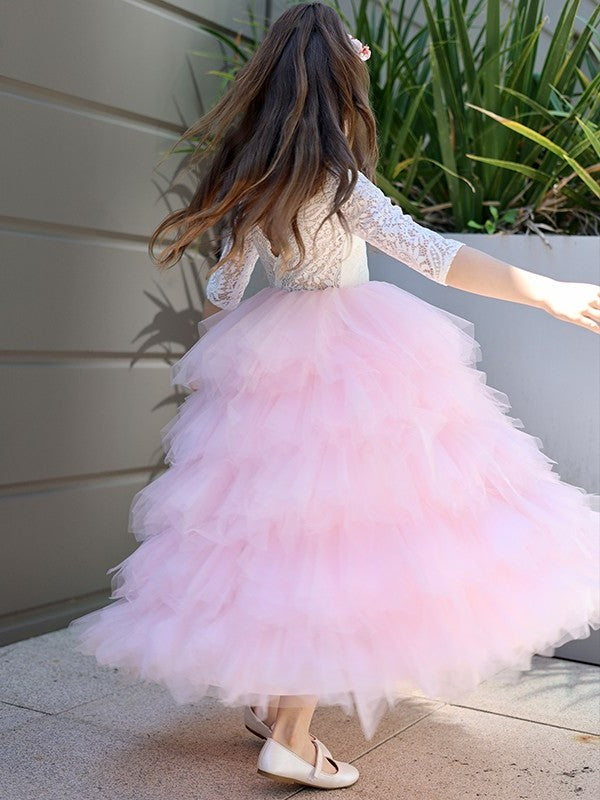A-Line/Princess Tulle Lace Scoop 3/4 Sleeves Ankle-Length Flower Girl Dresses DFP0007497
