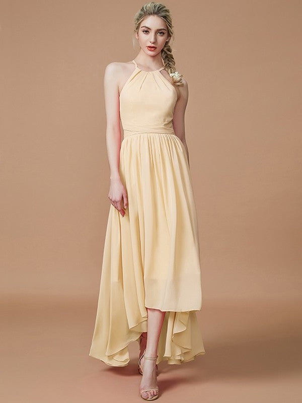 A-Line/Princess Halter Asymmetrical Sleeveless Chiffon Bridesmaid Dresses DFP0005582