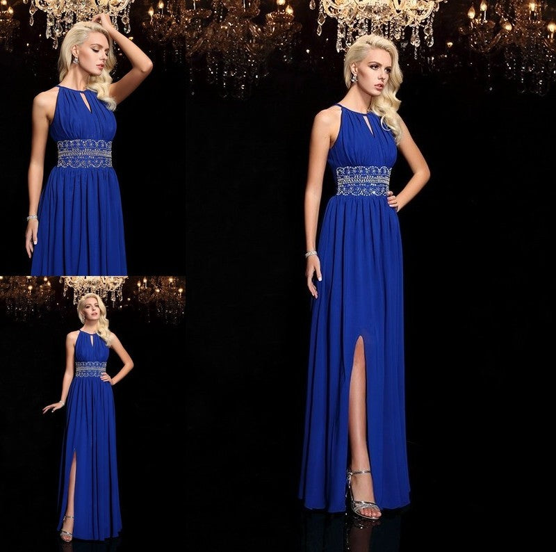 A-line/Princess Jewel Beading Sleeveless Long Chiffon Dresses DFP0003108