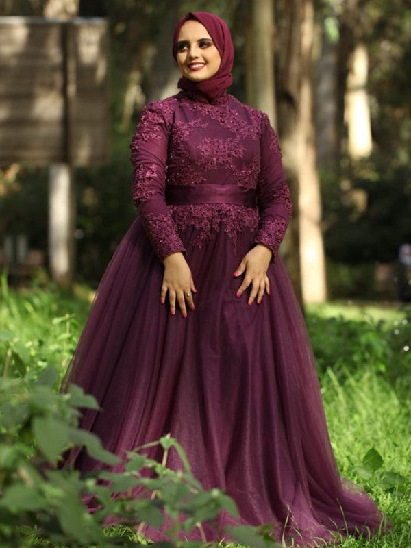 Ball Gown High Neck Tulle Applique Long Sleeves Sweep/Brush Train Muslim Dresses DFP0004669