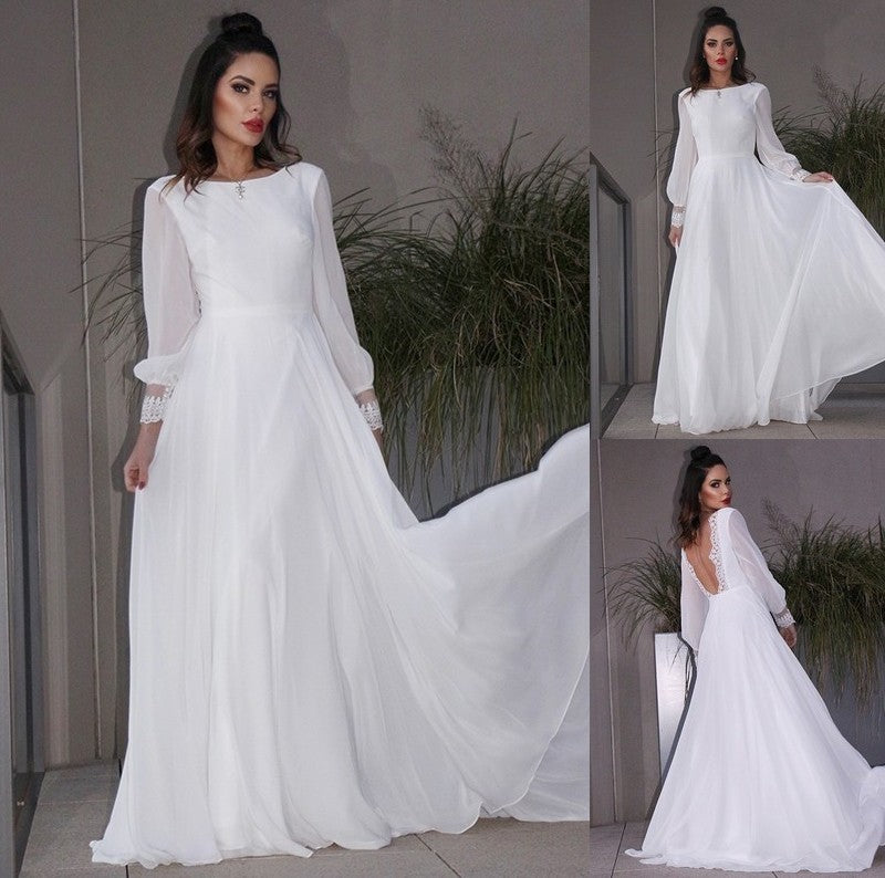 A-Line/Princess Chiffon Ruffles Long Sleeves Scoop Sweep/Brush Train Wedding Dresses DFP0006511