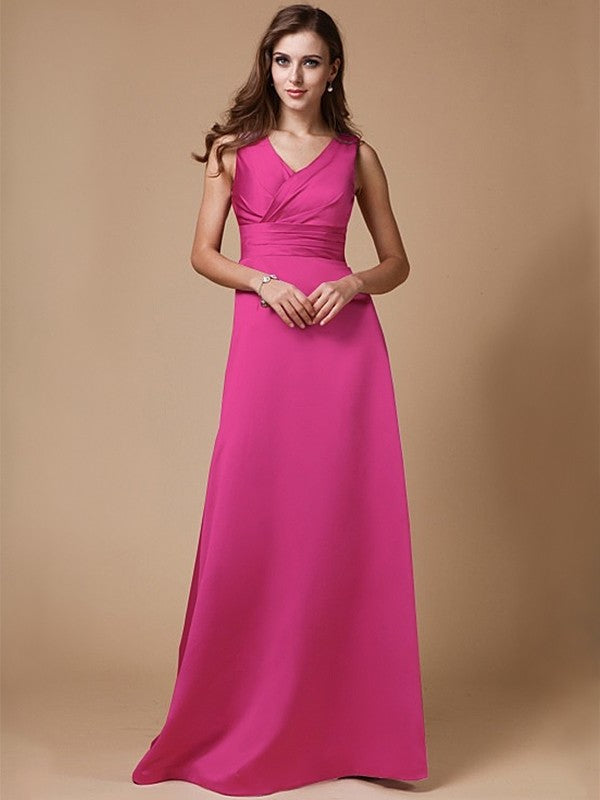 A-Line/Princess V-neck Long Sleeveless Elastic Woven Satin Bridesmaid Dresses DFP0005409