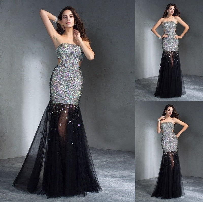 Sheath/Column Strapless Sequin Sleeveless Long Satin Dresses DFP0002738