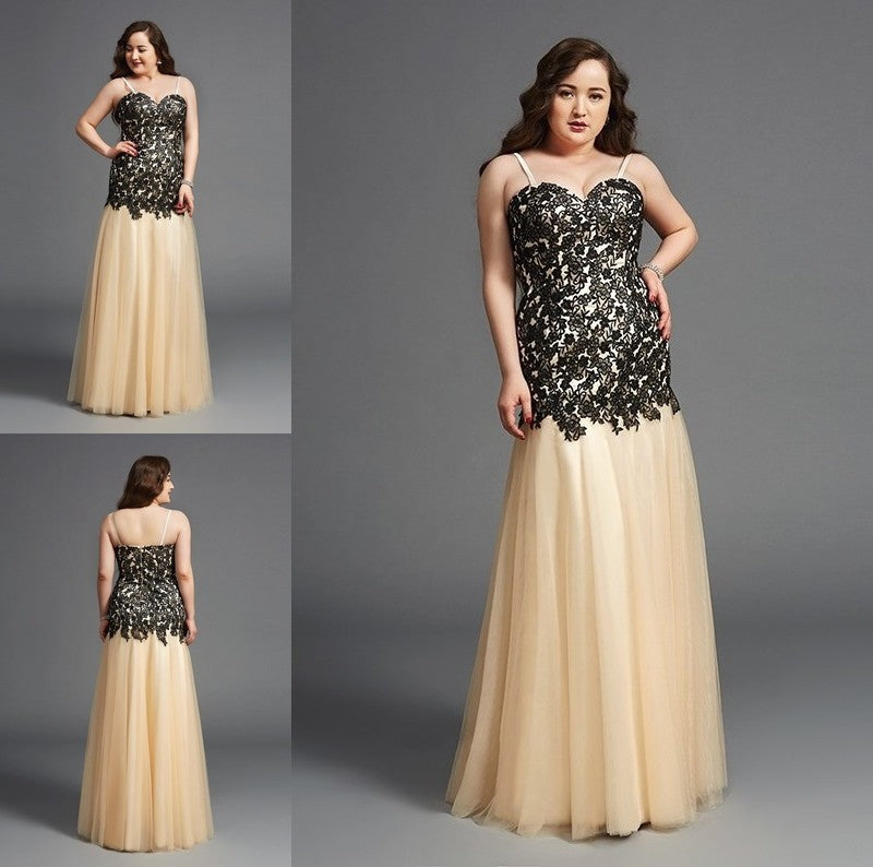 Sheath/Column Spaghetti Straps Applique Sleeveless Long Net Plus Size Dresses DFP0003960