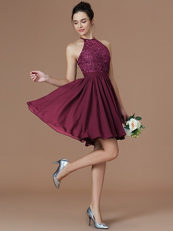 A-Line/Princess Halter Sleeveless Lace Short/Mini Chiffon Bridesmaid Dresses DFP0005132