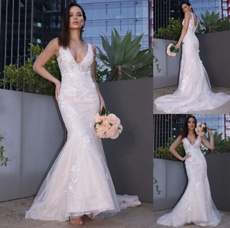 Trumpet/Mermaid Lace Applique V-neck Sleeveless Sweep/Brush Train Wedding Dresses DFP0005994