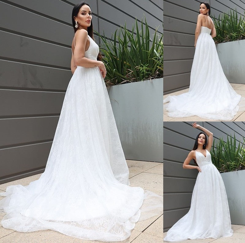 A-Line/Princess Lace Ruched V-neck Sleeveless Sweep/Brush Train Wedding Dresses DFP0006312