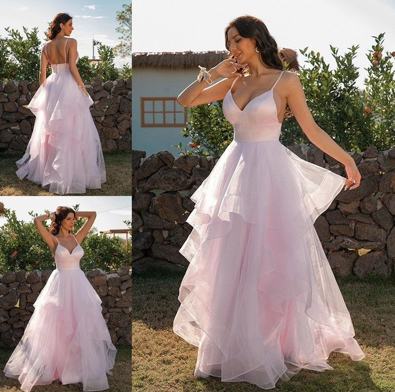 A-Line/Princess Tulle Ruffles V-neck Sleeveless Floor-Length Dresses DFP0001569