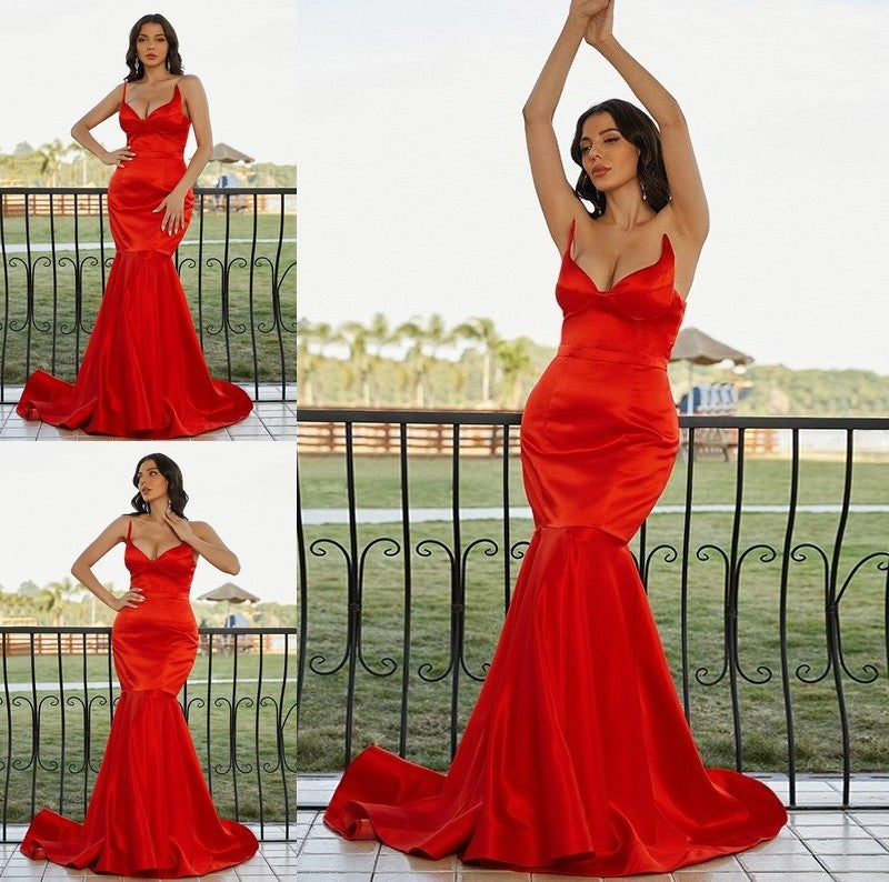 Trumpet/Mermaid Satin Ruffles Sweetheart Sleeveless Sweep/Brush Train Dresses DFP0001575