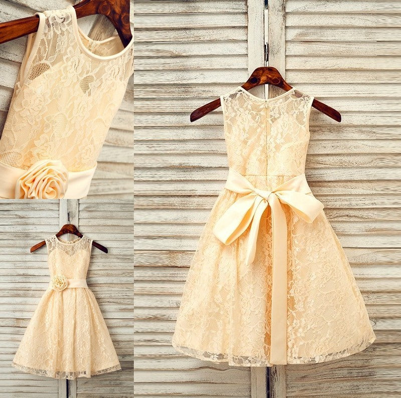 A-Line/Princess Lace Sash/Ribbon/Belt Scoop Sleeveless Tea-Length Flower Girl Dresses DFP0007520