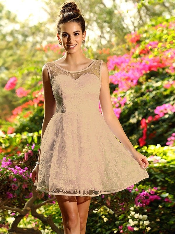 A-Line/Princess Bateau Sleeveless Short Lace Bridesmaid Dresses DFP0005581
