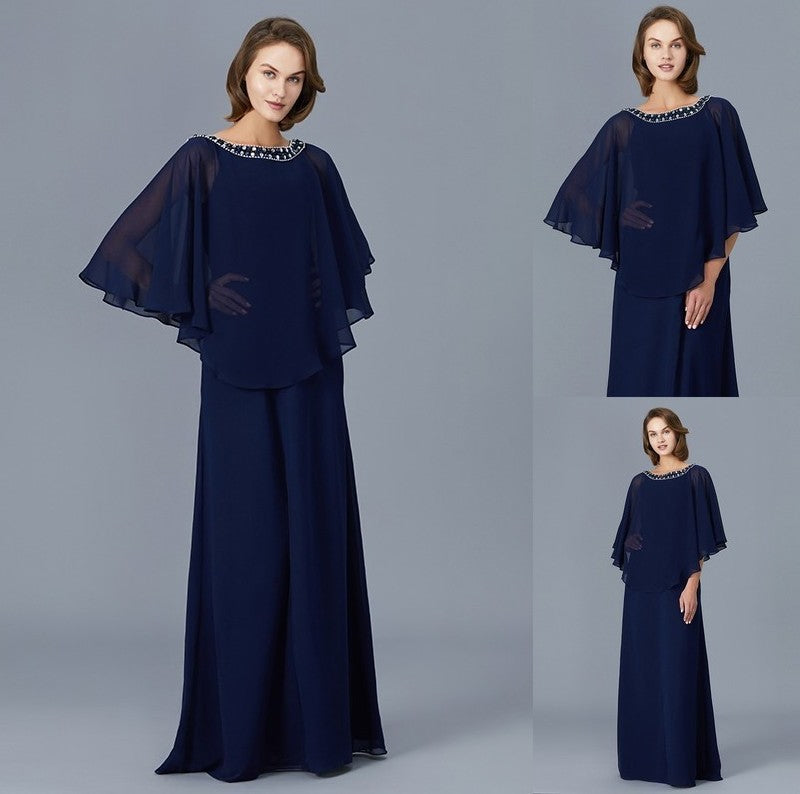 Sheath/Column Scoop Beading Long Sleeves Chiffon Floor-Length Mother of the Bride Dresses DFP0007372