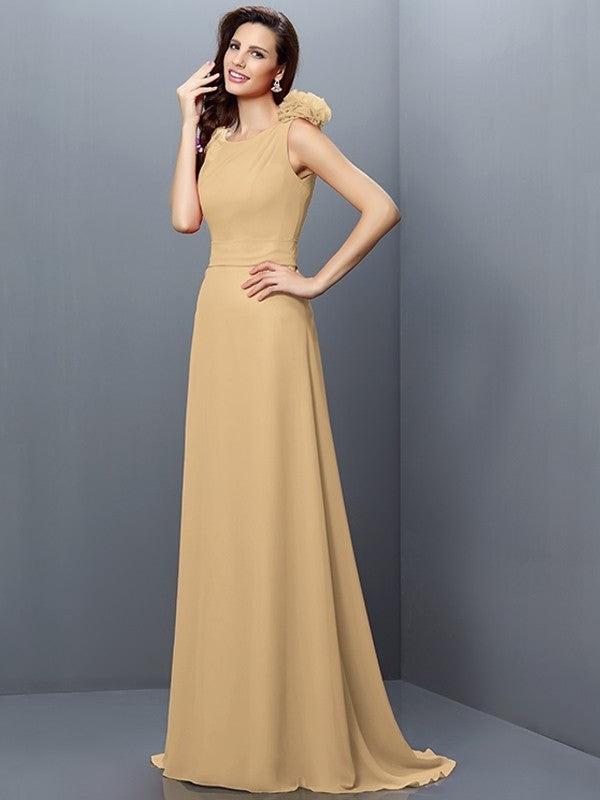 A-Line/Princess Bateau Hand-Made Flower Sleeveless Long Chiffon Bridesmaid Dresses DFP0005638