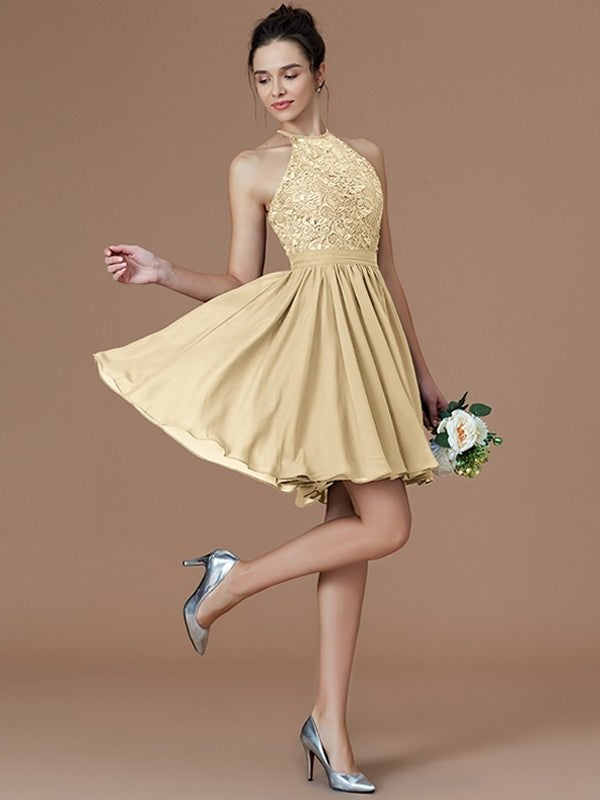 A-Line/Princess Halter Sleeveless Lace Short/Mini Chiffon Bridesmaid Dresses DFP0005132