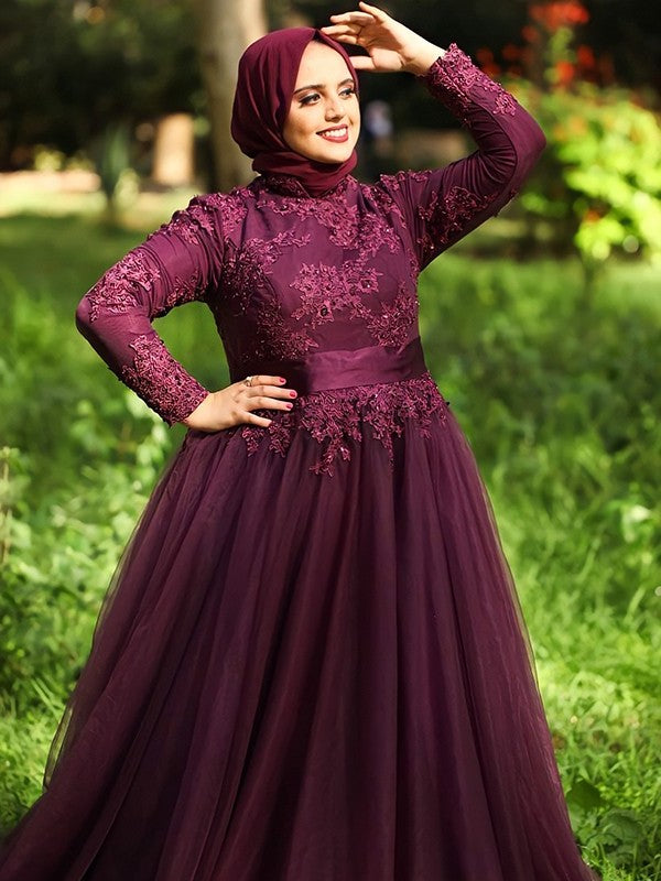 Ball Gown High Neck Tulle Applique Long Sleeves Sweep/Brush Train Muslim Dresses DFP0004669