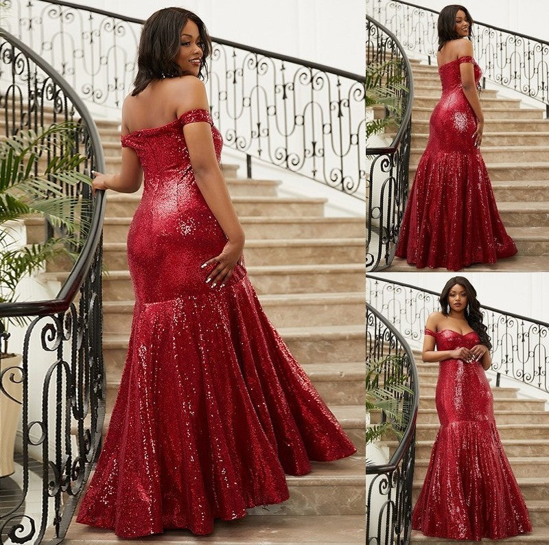 Trumpet/Mermaid Sequins Ruffles Off-the-Shoulder Sleeveless Floor-Length Dresses DFP0001616