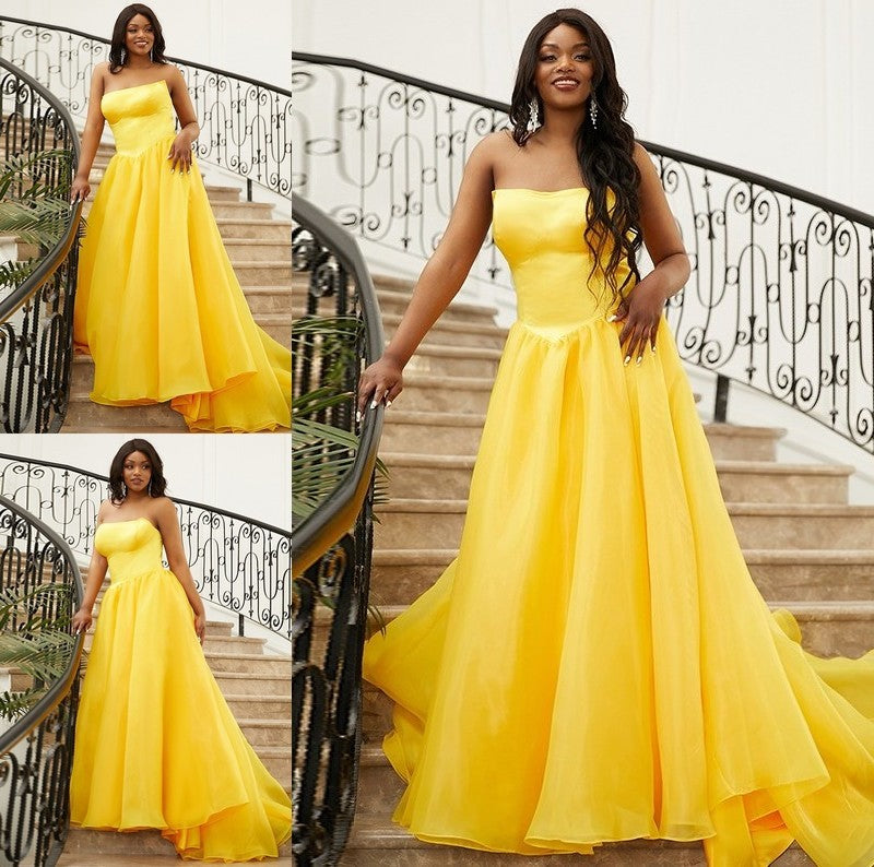 A-Line/Princess Satin Ruffles Strapless Sleeveless Sweep/Brush Train Dresses DFP0001617