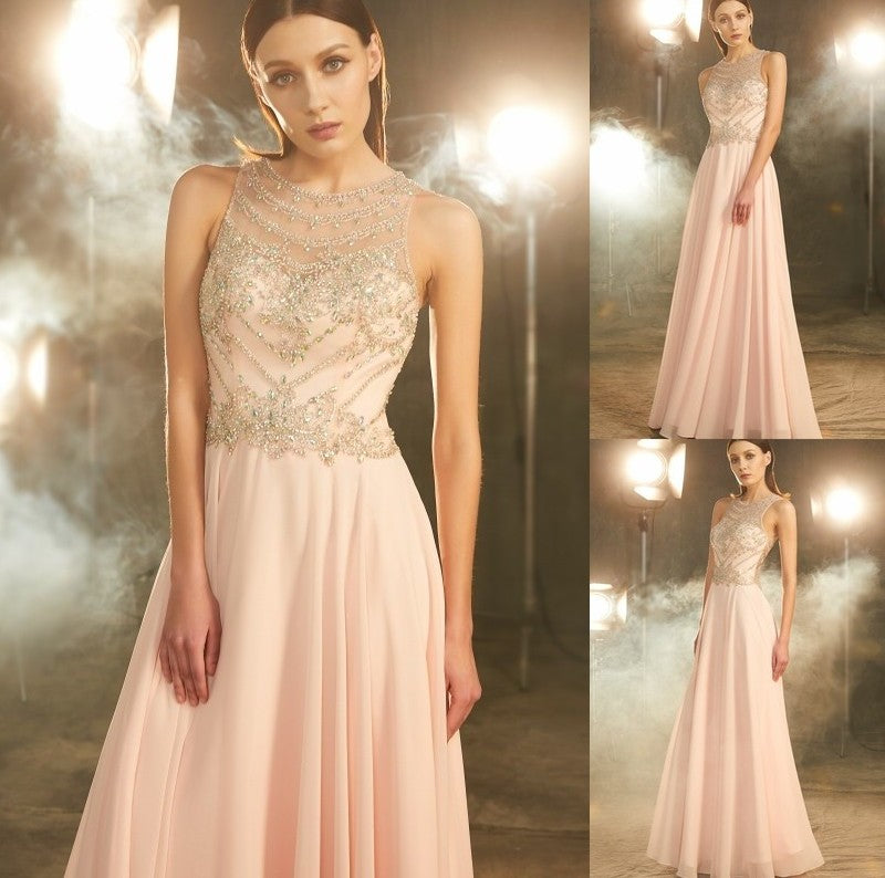 A-Line/Princess Scoop Sleeveless Chiffon Crystal Floor-length Dresses DFP0002399