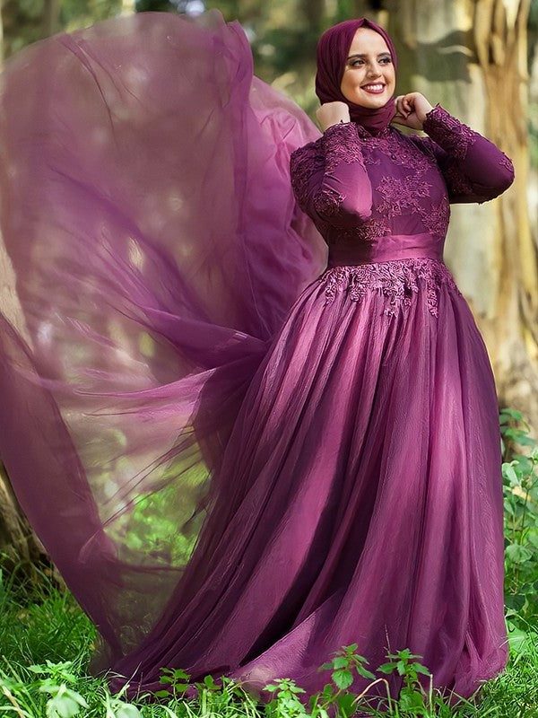 Ball Gown High Neck Tulle Applique Long Sleeves Sweep/Brush Train Muslim Dresses DFP0004669