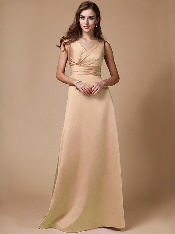 A-Line/Princess V-neck Long Sleeveless Elastic Woven Satin Bridesmaid Dresses DFP0005409