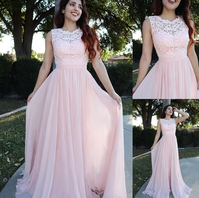 A-Line/Princess Sleeveless Scoop Chiffon Applique Floor-Length Dresses DFP0004615