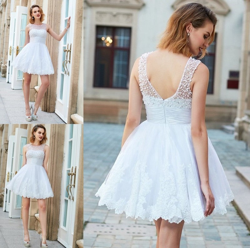 A-Line/Princess Jewel Sleeveless Pearls Short/Mini Lace Dresses DFP0003535