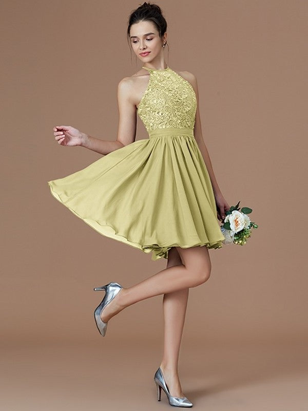 A-Line/Princess Halter Sleeveless Lace Short/Mini Chiffon Bridesmaid Dresses DFP0005132