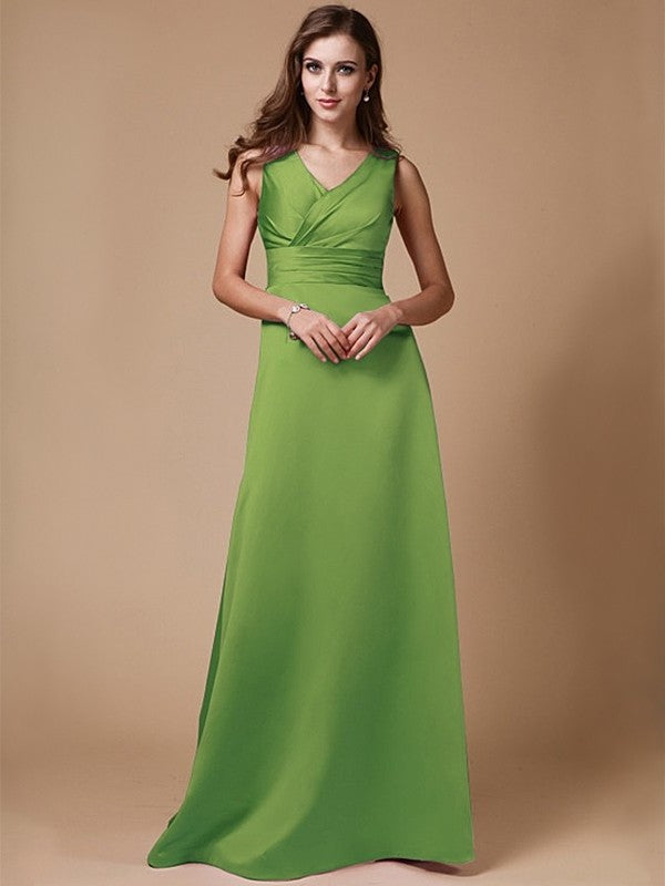 A-Line/Princess V-neck Long Sleeveless Elastic Woven Satin Bridesmaid Dresses DFP0005409