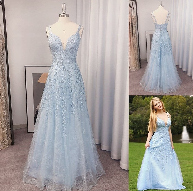 A-Line/Princess Sleeveless V-neck Applique Tulle Floor-Length Dresses DFP0004558